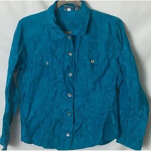 Chicos Womens‎ Linen Silk Blouse Sz 1 Med (US8) City Scenic Jacquard Long Sleeve